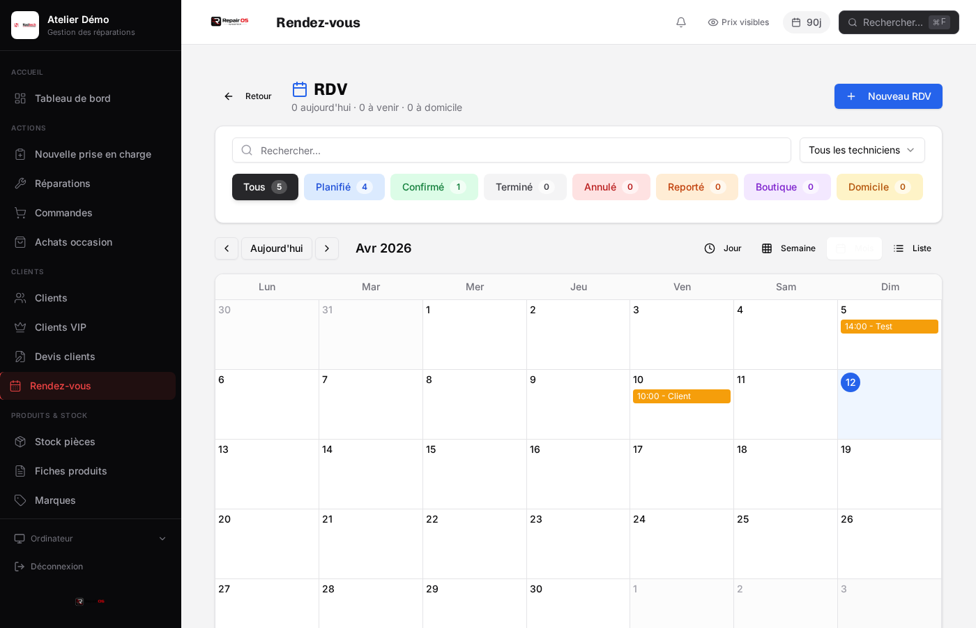 Calendrier des rendez-vous avec vue mensuelle