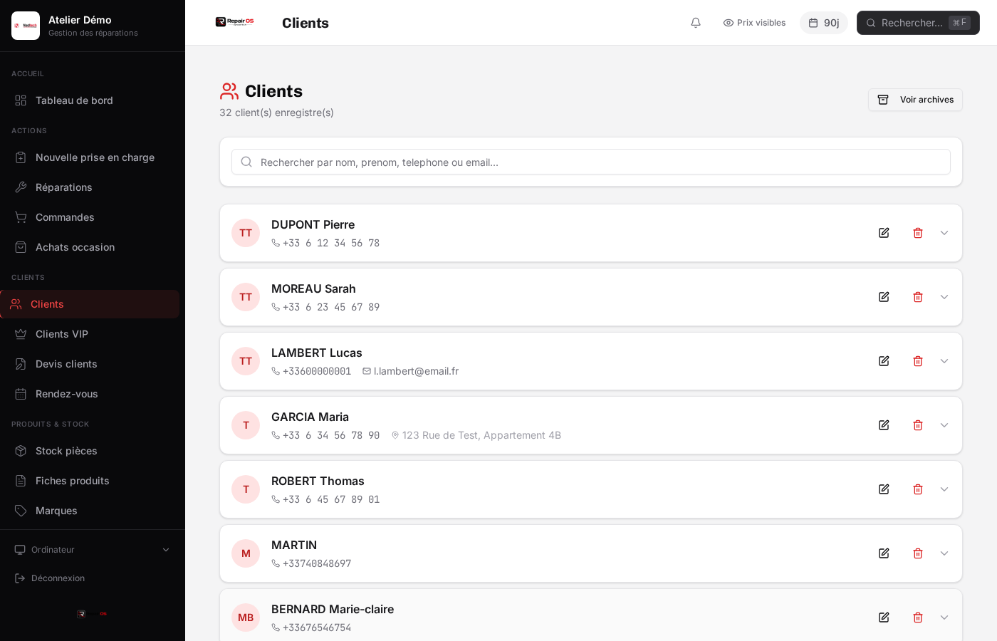 Liste des clients avec recherche rapide