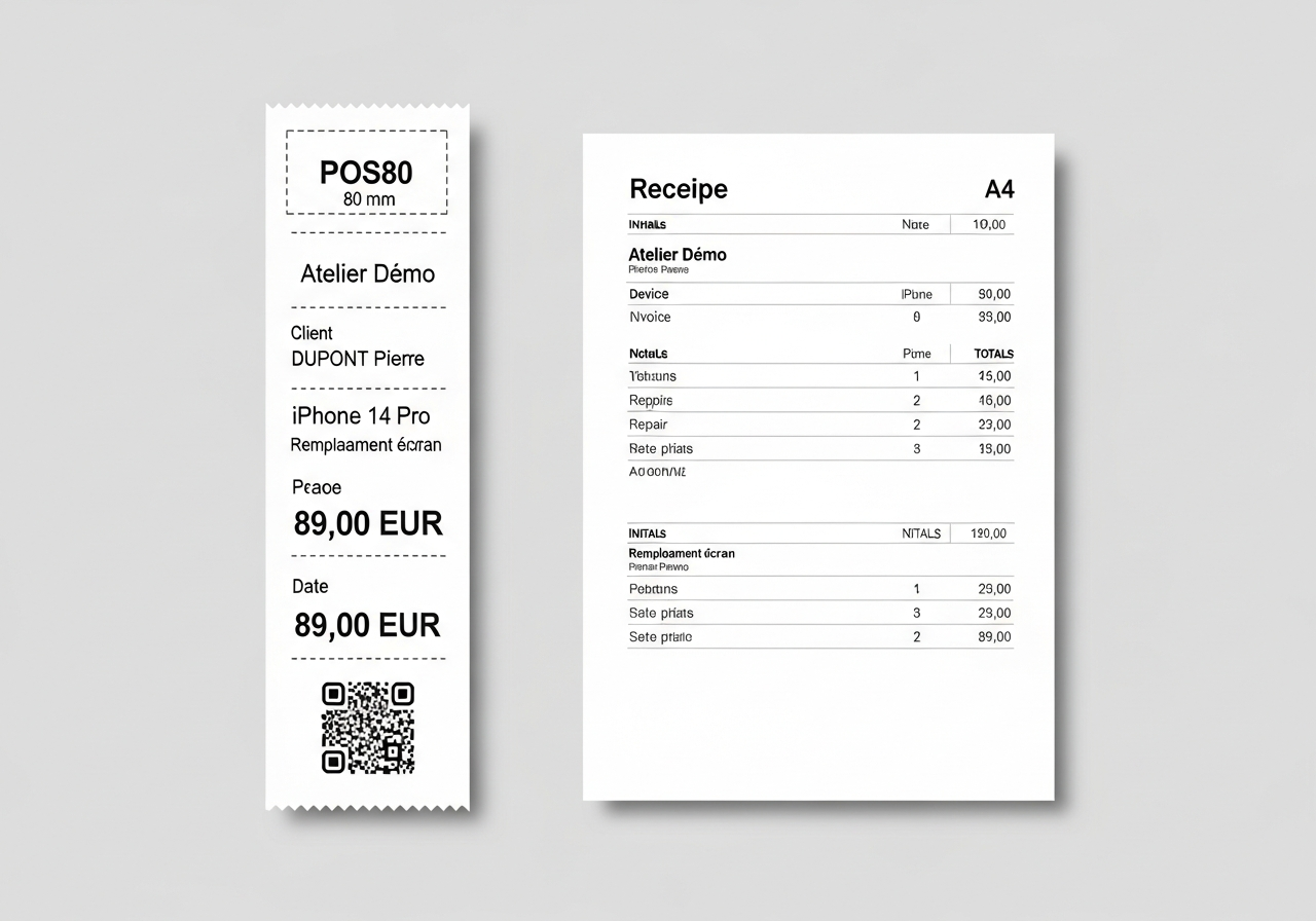Aperçu des tickets professionnels POS80 et A4